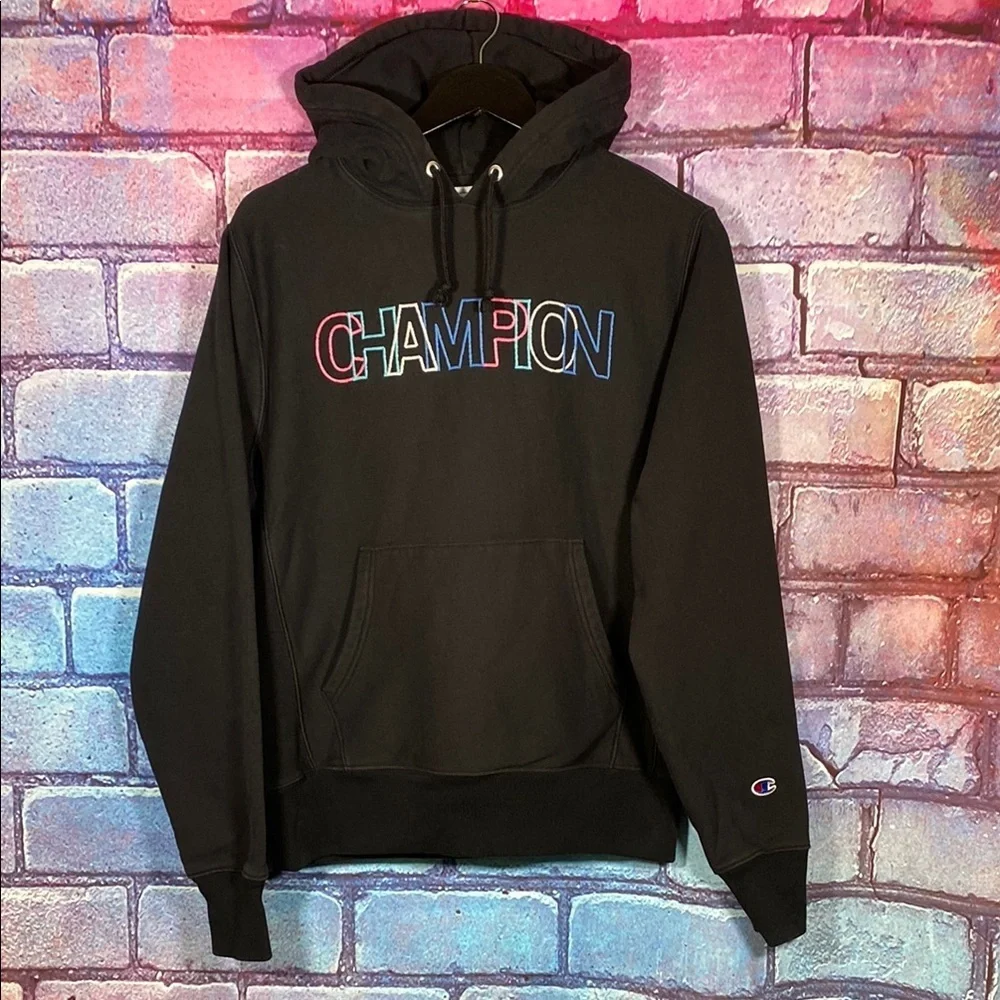 Champion Reverse Weave Hoodie M Black Multicolor Spellout Pullover Sweatshirt